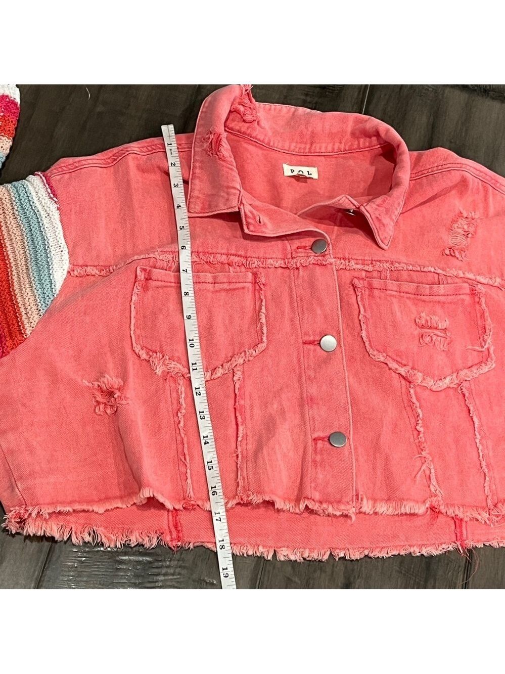 POL Cropped Pink Denim Distressed Jacket with Crochet Sleeves - Size Large - Picture 13 of 16
